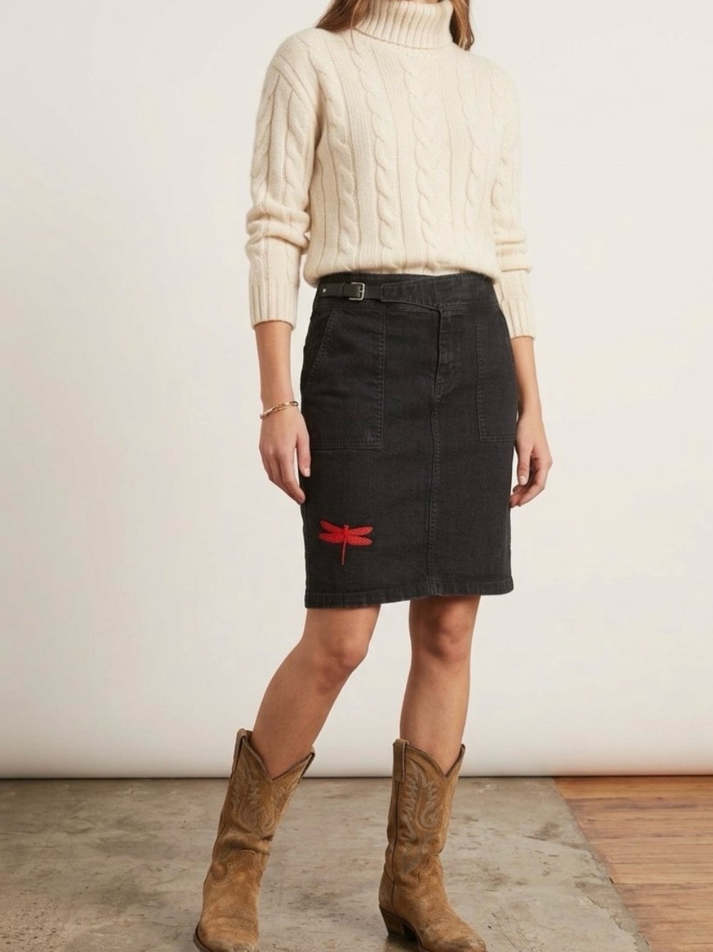 Vintage Ralph Lauren Jeans Black Pencil Skirt upcycled with Dragonfly size 8